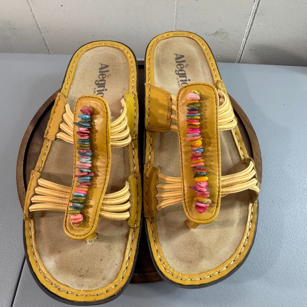 Alegria PIS-618 Slide Sandals Womens 39 Yellow Good Beaded Leather Elastic Boho - Picture 12 of 13